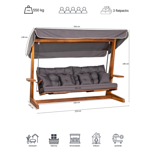 Pemode Hollywoodschaukel Luna 2600 Anthrazit- Iroko-Holz B:270 x T:139 x H:195 cm