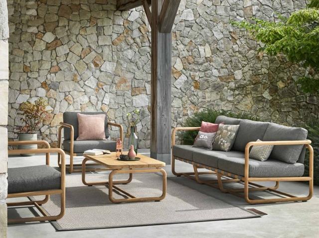 Apple Bee Dolce 3-Sitzer Loungesofa 210cm Teak Kissen Grau